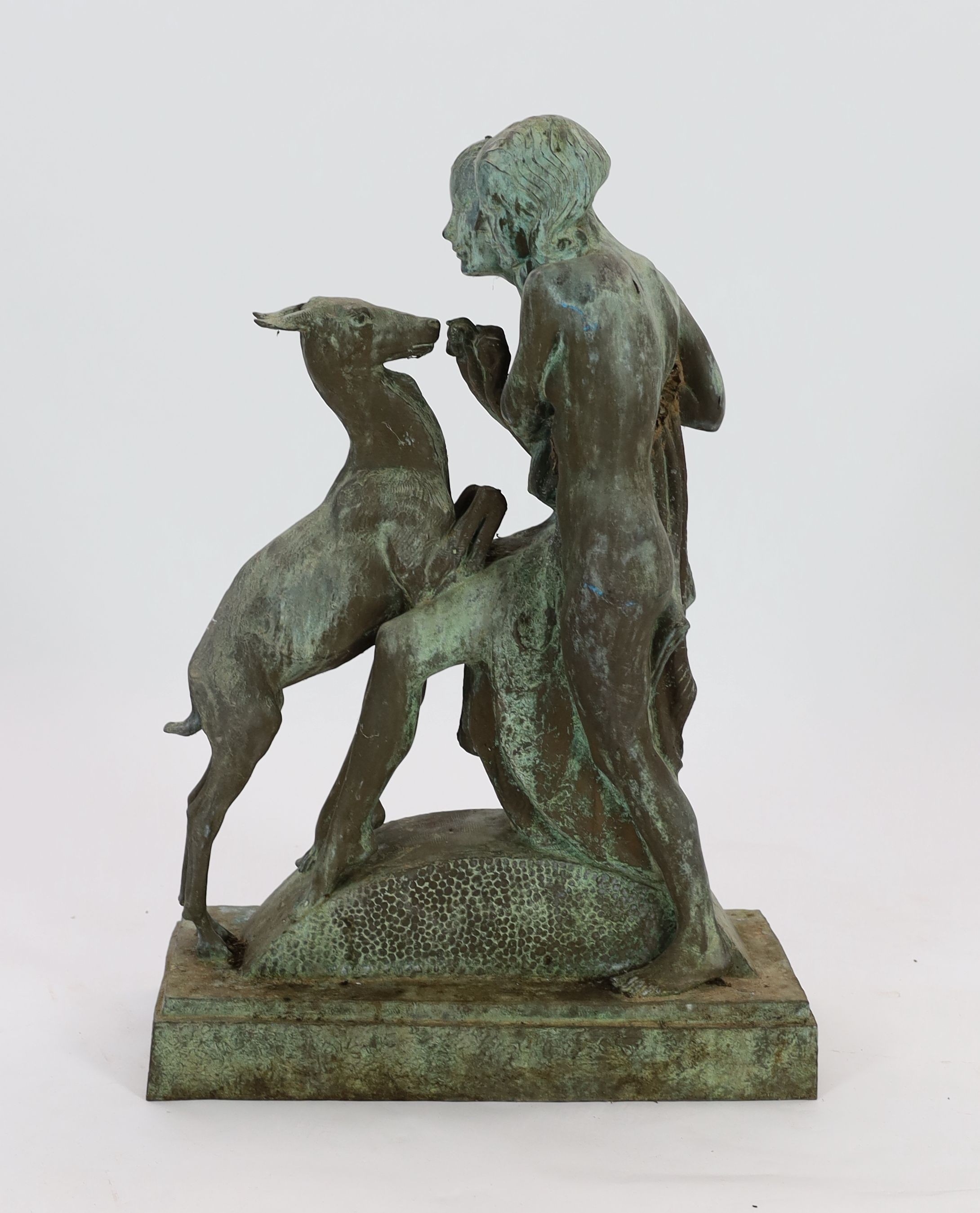 Ferdinand Victor Blundstone (1882-1951). An early 20th century bronze group of a woman and nymph feeding a doe, width 60cm depth 26cm height 87cm